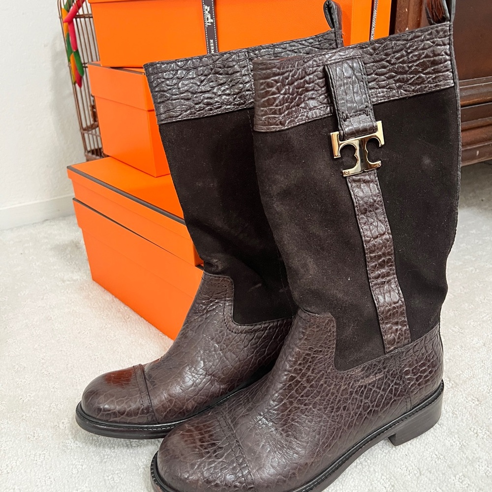 Tory Burch Chocolate Leather and Suede Boots